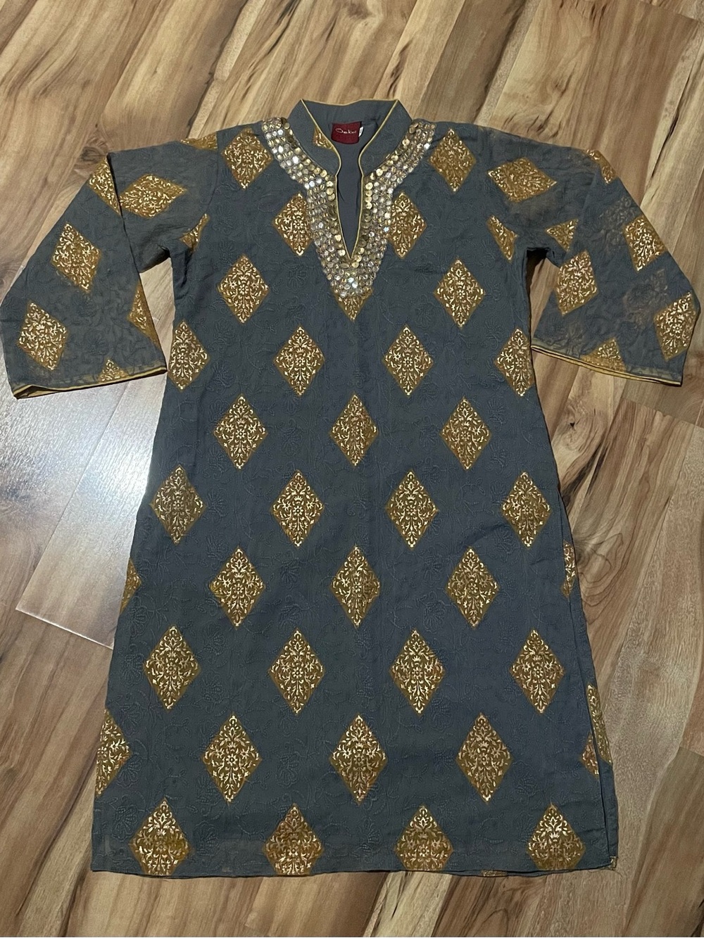 Saheli Indian Kurta Tunic Dress Charcoal Grey Gold Embroidered Mirror Work Sz L